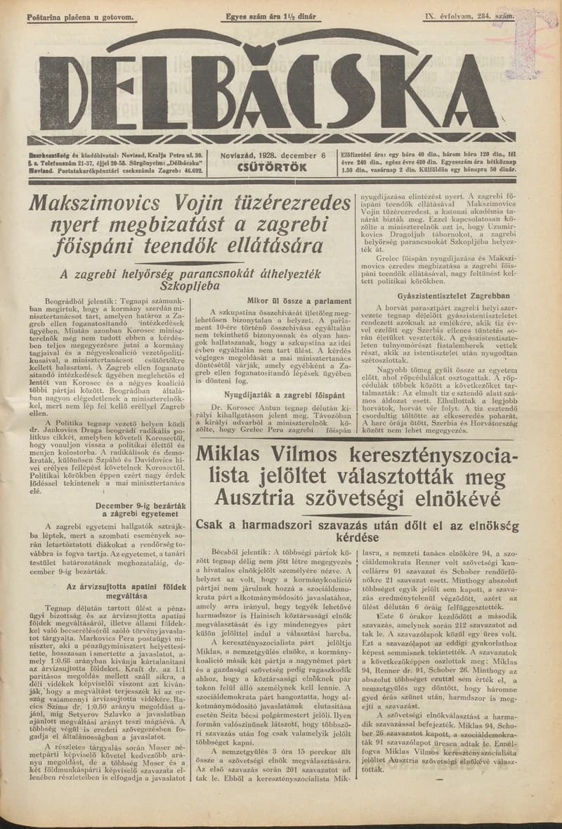Délbácska, 9. évf. 1928. december 6. 284. sz.