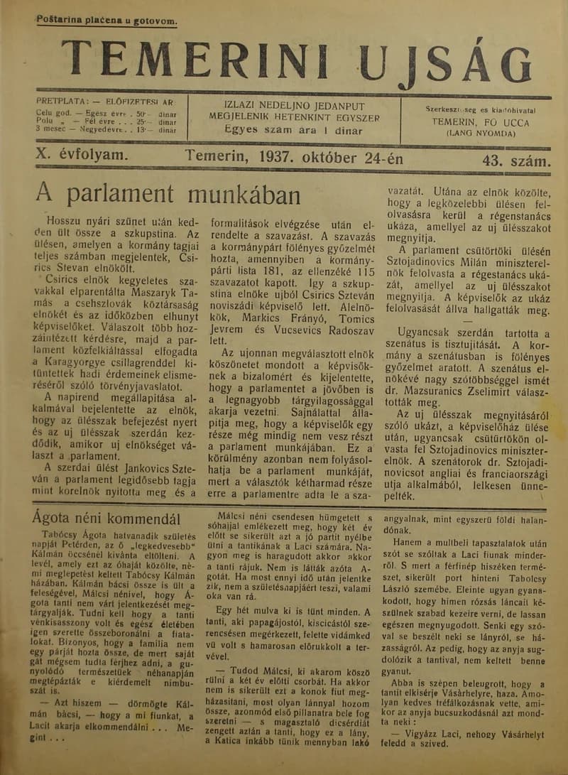 Temerini Újság 1928-1944, 10. évf. 1937. október 24. 43. sz.