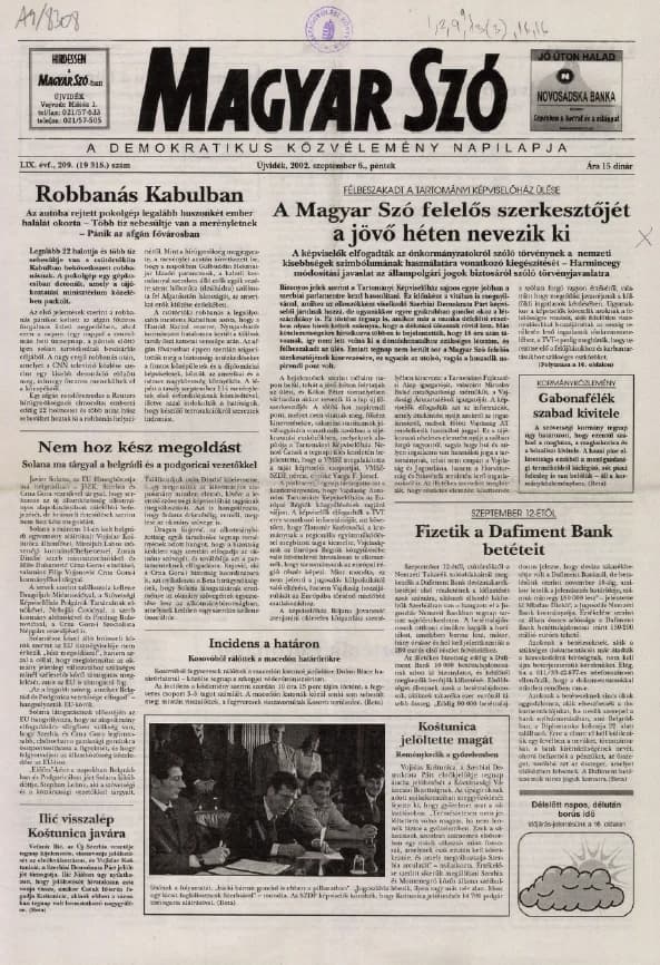 Magyar Szó, 59. évf. 2002. szeptember 6. 209. sz. 1–16. oldal