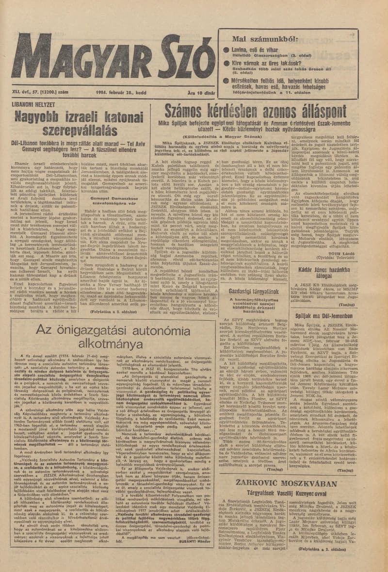 Magyar Szó, 41. évf. 1984. február 28. 57. sz. 1–20. oldal