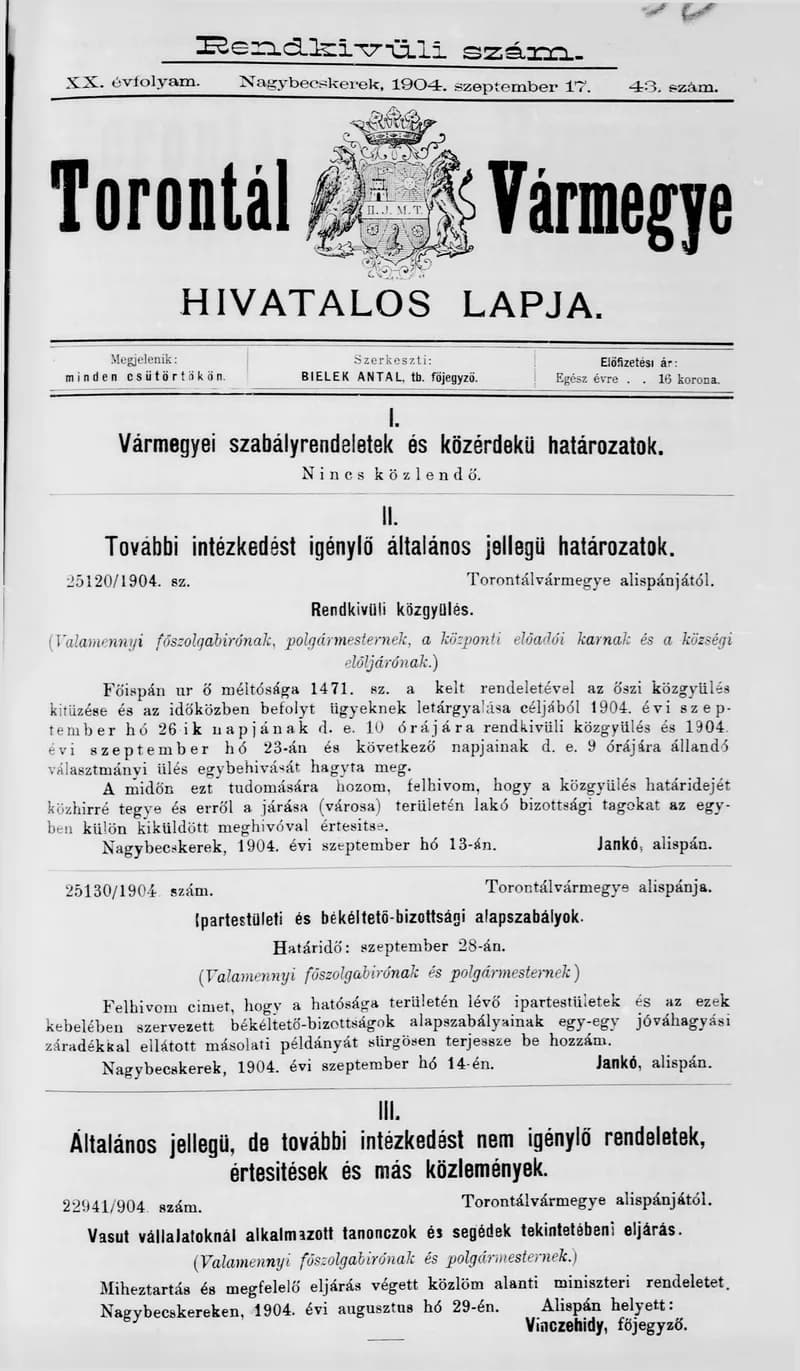 Torontál Vármegye Hivatalos Lapja, 20. évf. 1904. szeptember 17. 43. sz.