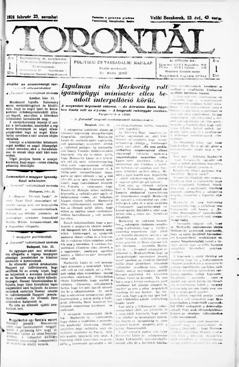 Torontál, 53. évf. 1924. február 23. 43. sz.