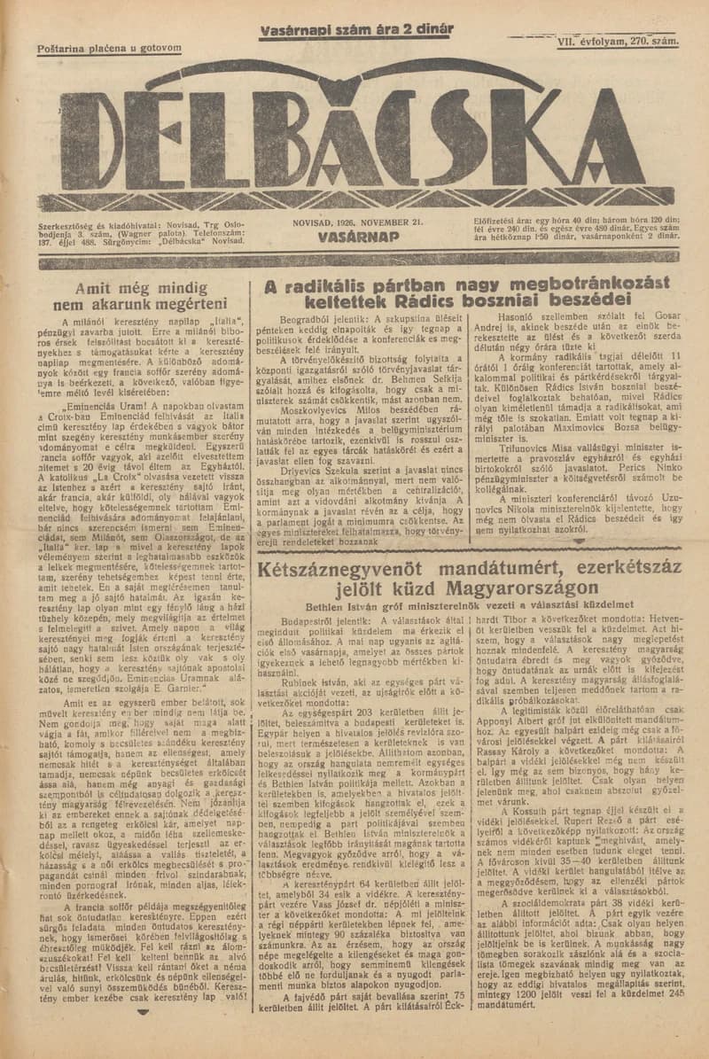Délbácska, 7. évf. 1926. november 21. 270. sz.