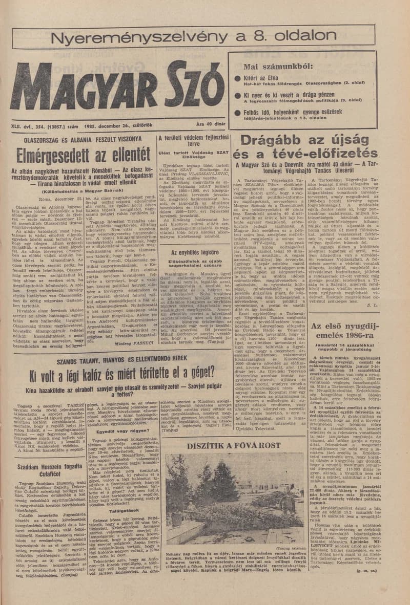 Magyar Szó, 42. évf. 1985. december 26. 354. sz. 1–20. oldal