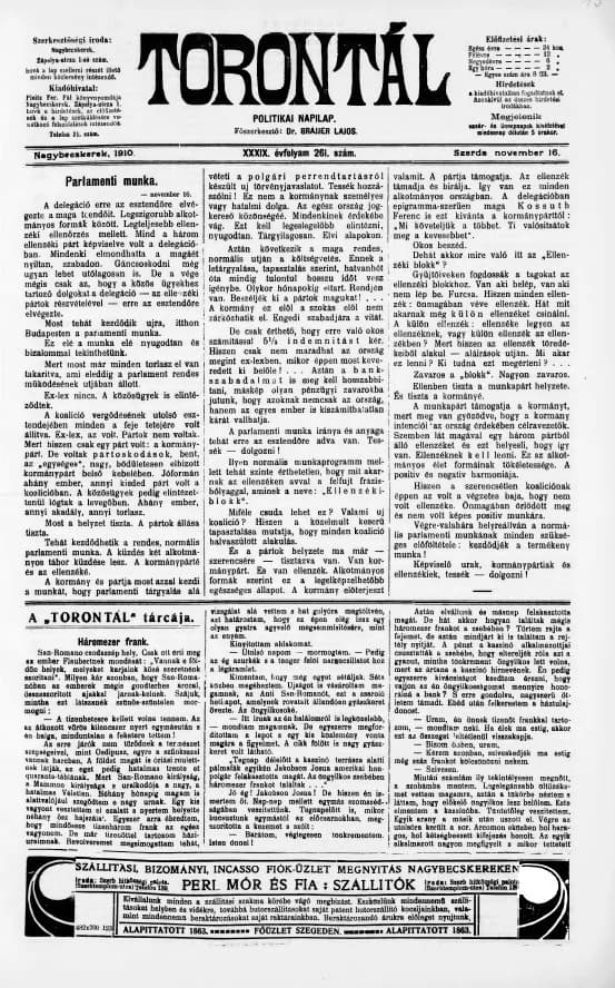 Torontál, 39. évf. 1910. november 16. 261. sz.