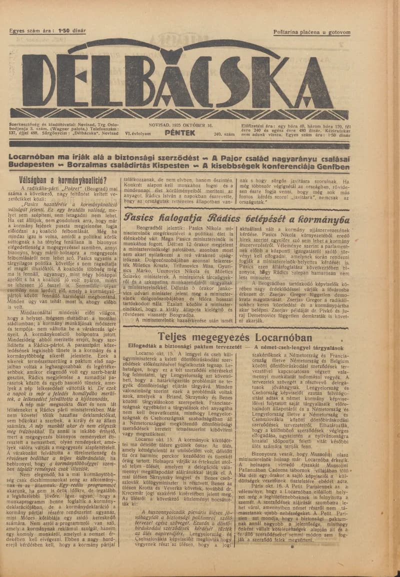 Délbácska, 6. évf. 1925. október 16. 240. sz.