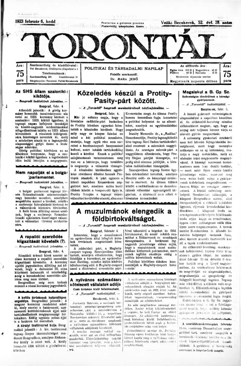 Torontál, 52. évf. 1923. február 6. 28. sz.