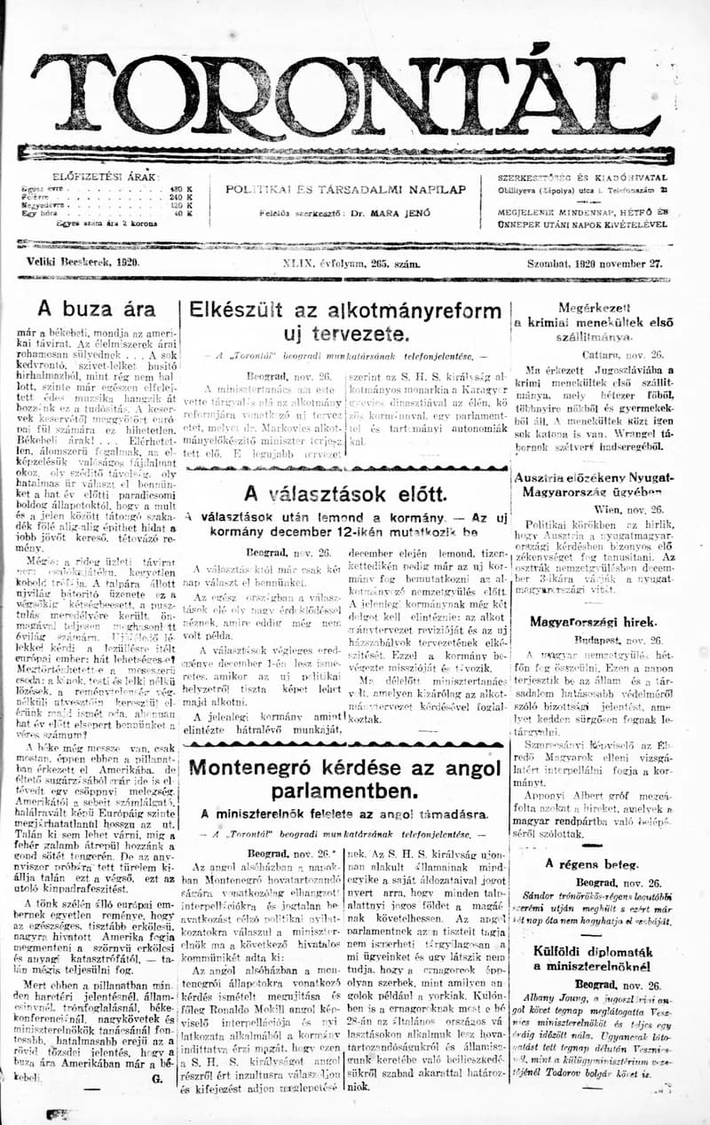 Torontál, 49. évf. 1920. november 27. 265. sz.