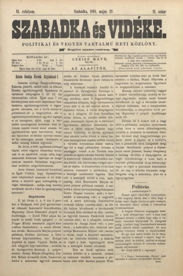 Szabadka és vidéke II, 6. évf. 1898. május 22. 21. sz.