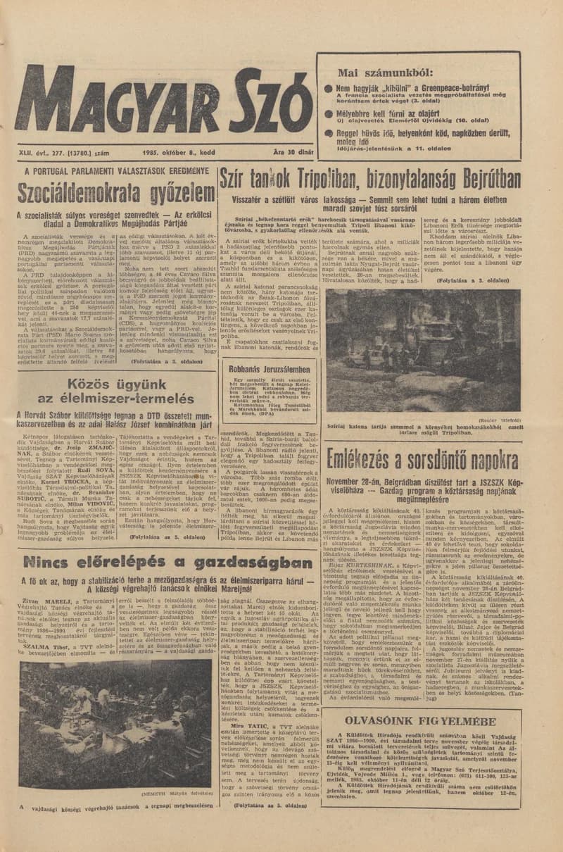 Magyar Szó, 42. évf. 1985. október 8. 277. sz. 1–20. oldal