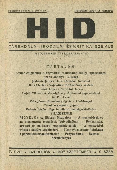 Híd, 4. évf. 1937. szeptember. 9. sz. 1–36. oldal