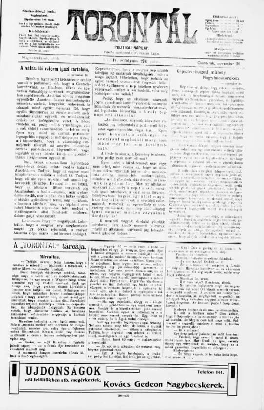 Torontál, 34. évf. 1905. november 30. 274. sz.