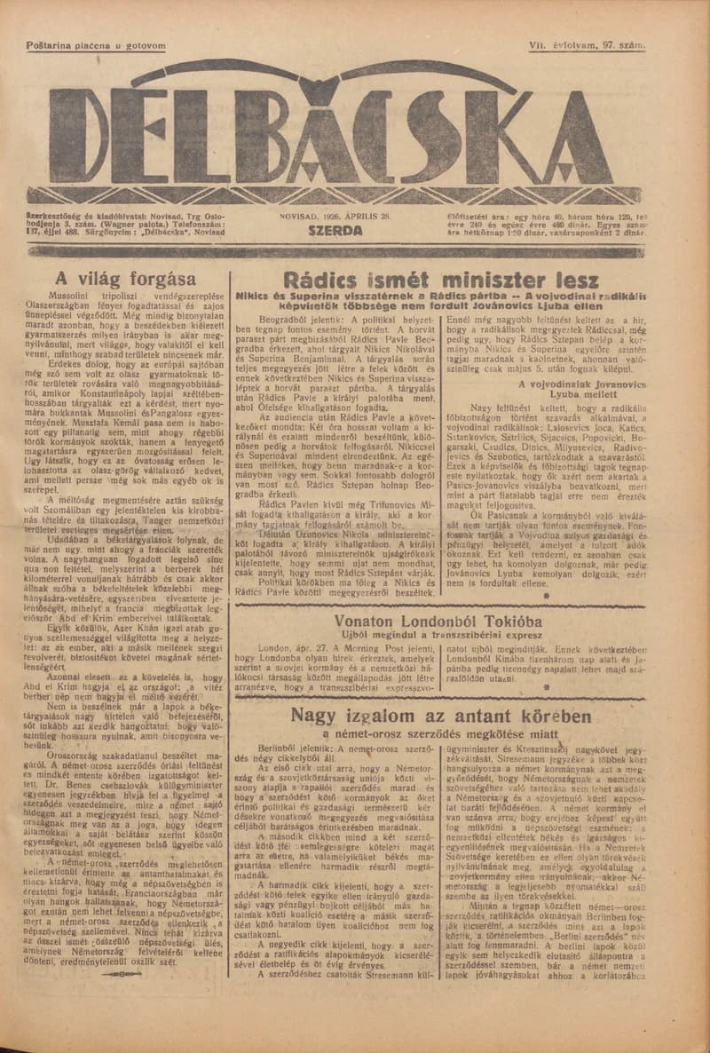 Délbácska, 7. évf. 1926. április 28. 97. sz.