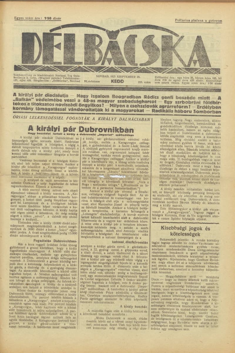 Délbácska, 6. évf. 1925. szeptember 29. 225. sz.