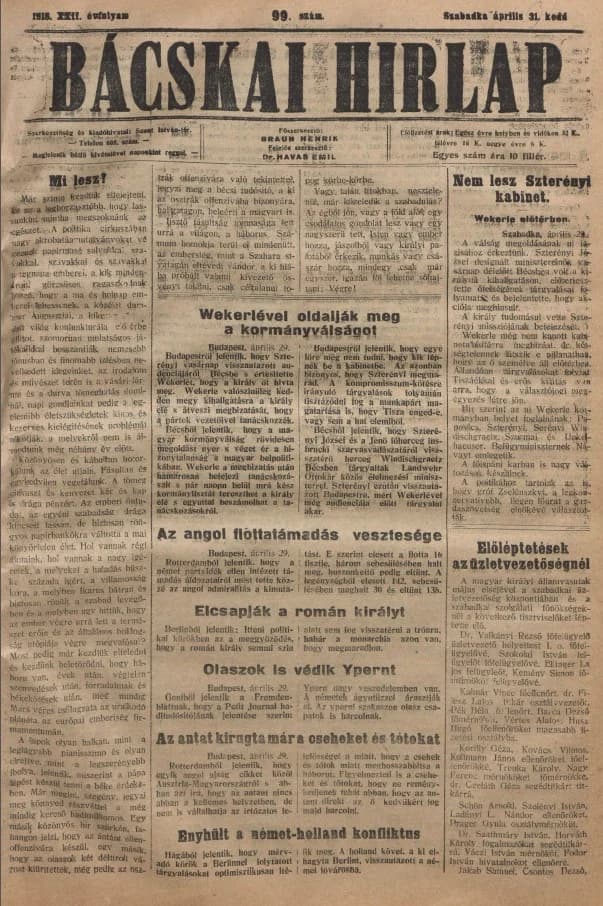Bácskai Hirlap, 22. évf. 1918. április 30. 99. sz.