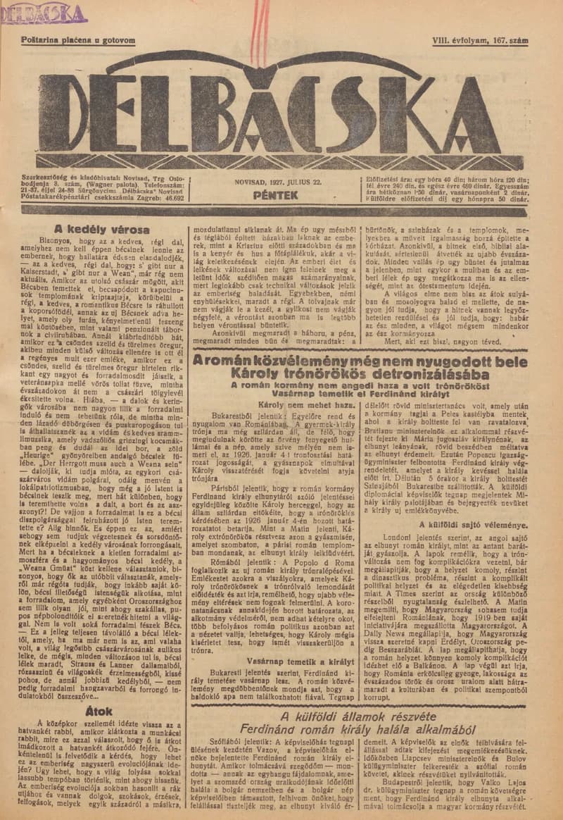 Délbácska, 8. évf. 1927. július 22. 167. sz.