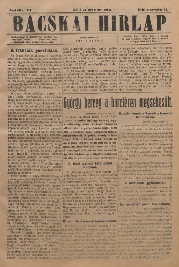 Bácskai Hirlap, 18. évf. 1914. szeptember 22. 214. sz.
