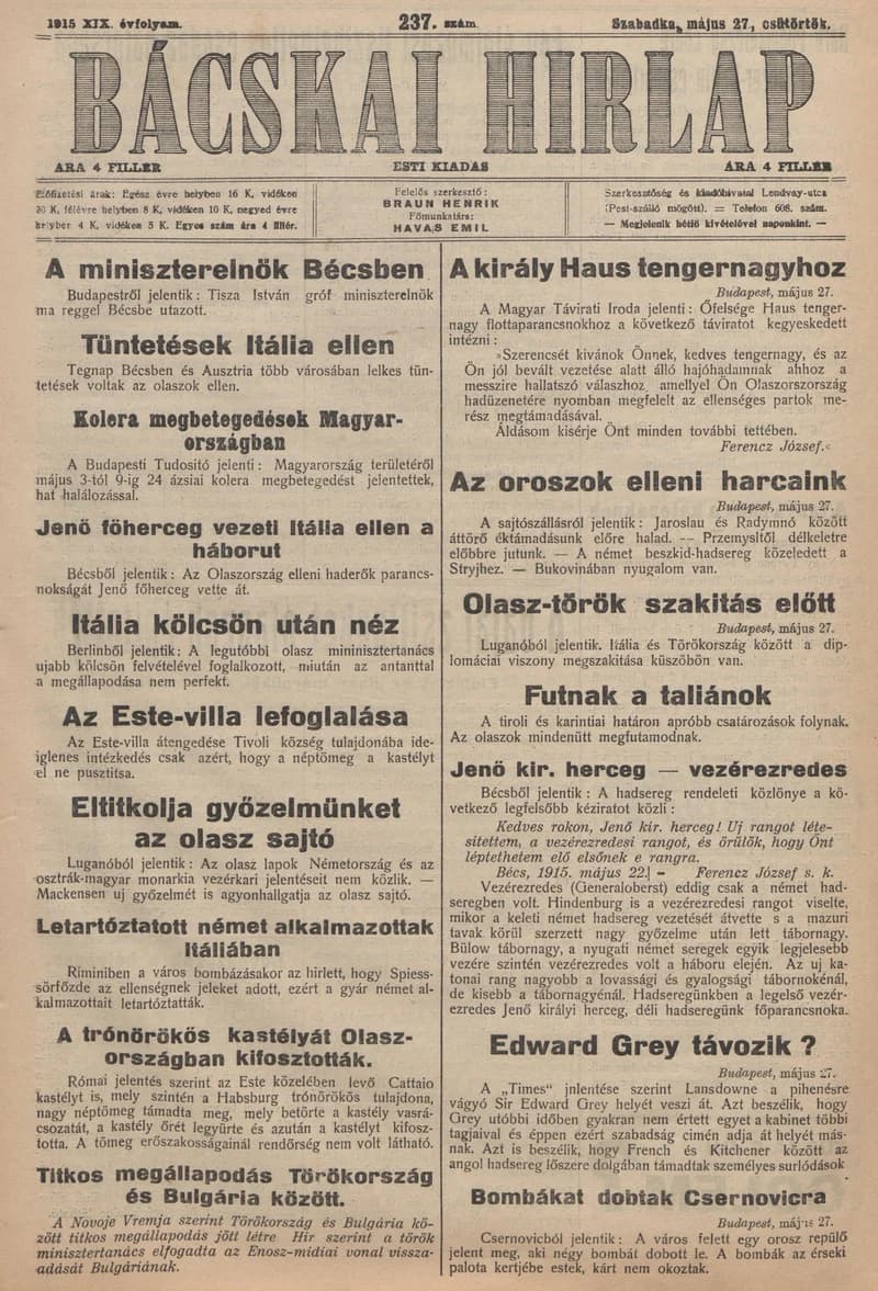 Bácskai Hirlap, 19. évf. 1915. május 27. 237. sz.