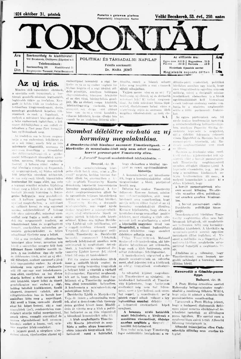 Torontál, 53. évf. 1924. október 31. 250. sz.
