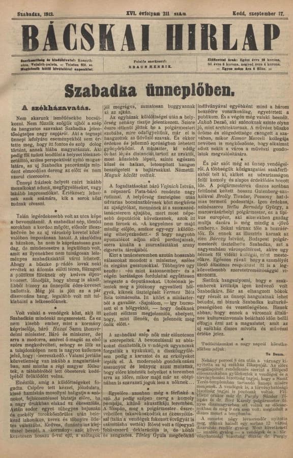 Bácskai Hirlap, 16. évf. 1912. szeptember 17. 211. sz.
