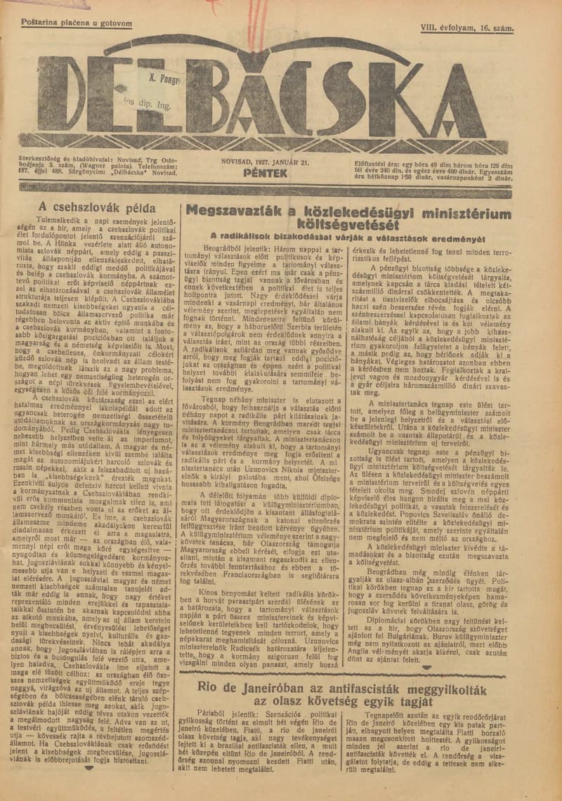 Délbácska, 8. évf. 1927. január 21. 16. sz.