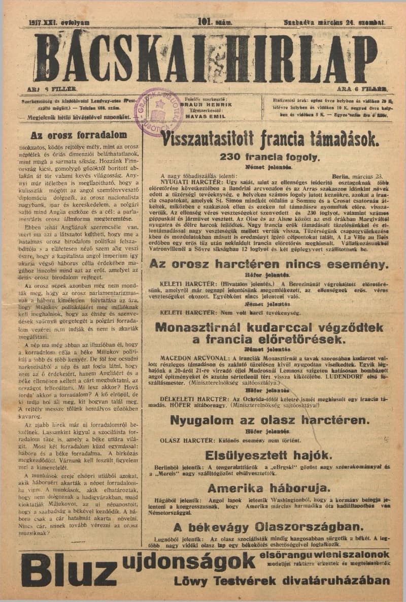 Bácskai Hirlap, 21. évf. 1917. március 24. 101. sz.