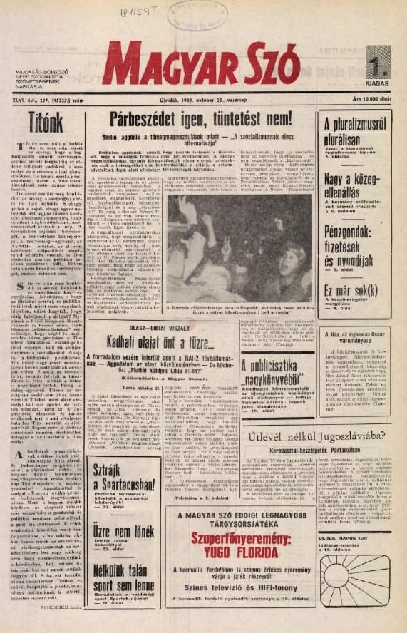 Magyar Szó, 46. évf. 1989. október 29. 297. sz. 1–28. oldal