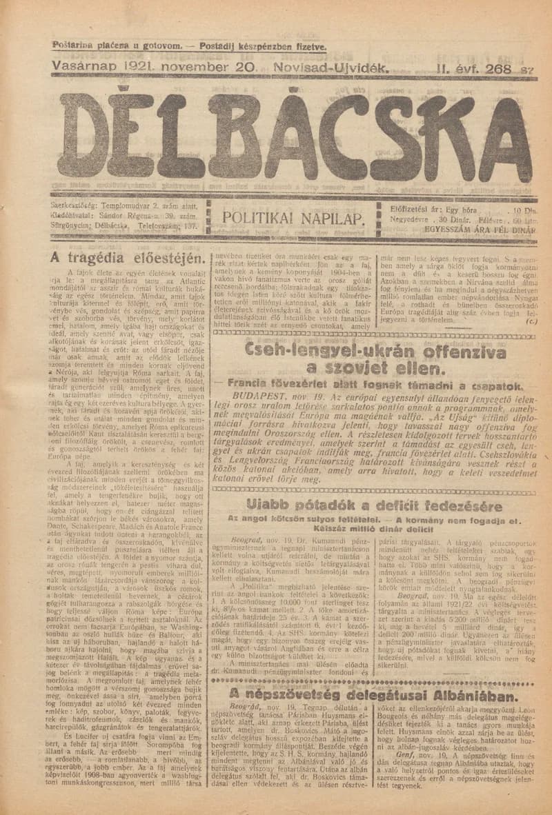 Délbácska, 2. évf. 1921. november 20. 268. sz.