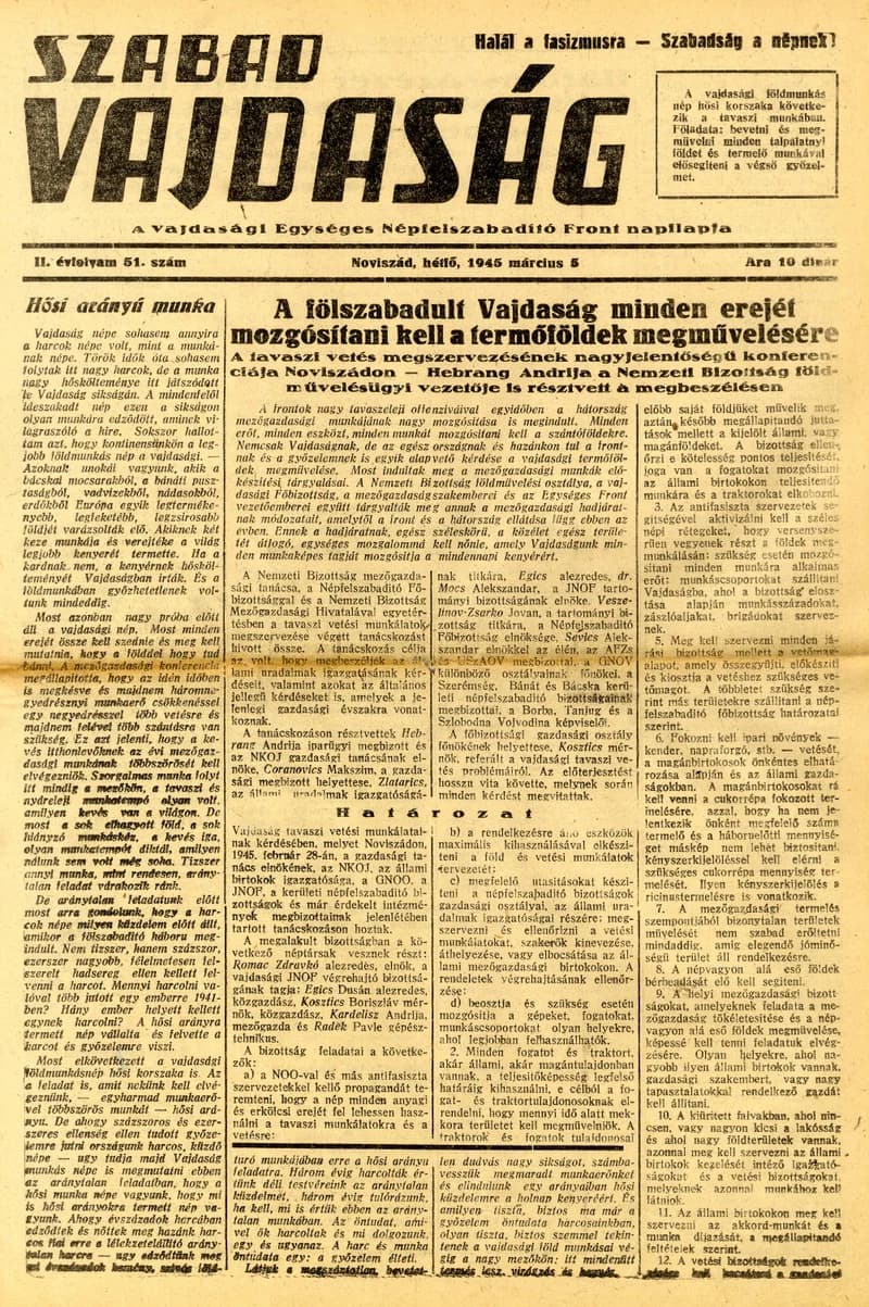 Szabad Vajdaság, 2. évf. 1945. március 5. 51. sz.