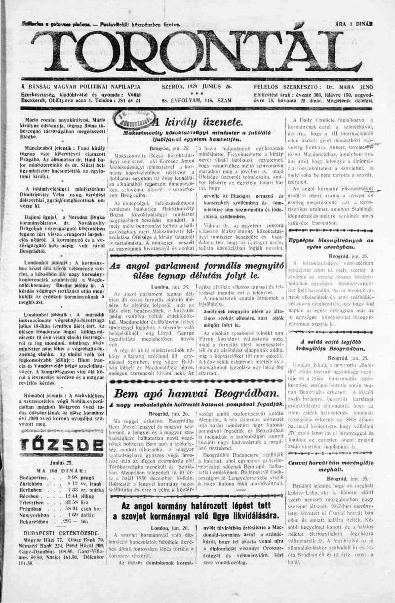 Torontál, 58. évf. 1929. június 26. 145. sz.