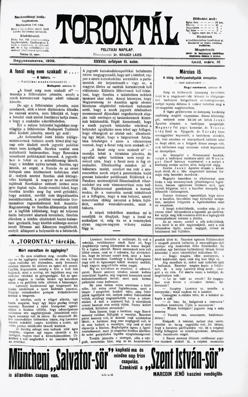 Torontál, 38. évf. 1909. március 16. 61. sz.