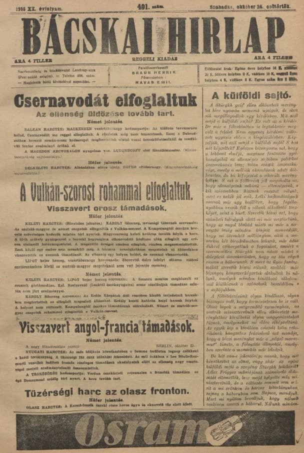 Bácskai Hirlap, 20. évf. 1916. október 26. 491. sz.