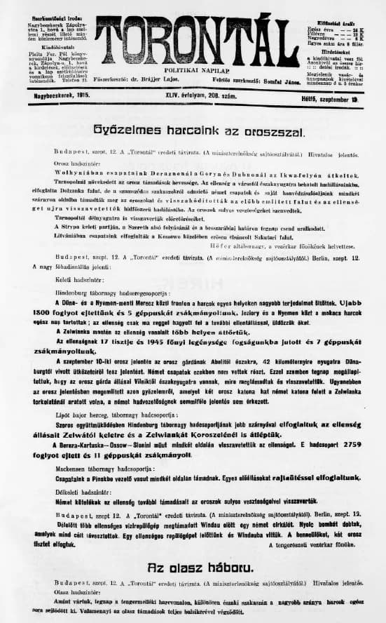 Torontál, 44. évf. 1915. szeptember 13. 208. sz.