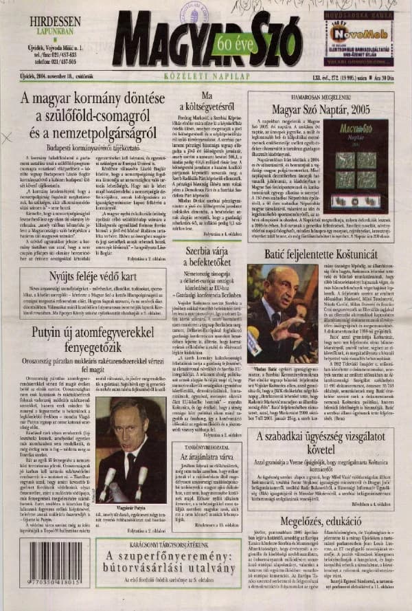 Magyar Szó, 61. évf. 2004. november 18. 272. sz. 1–20. oldal