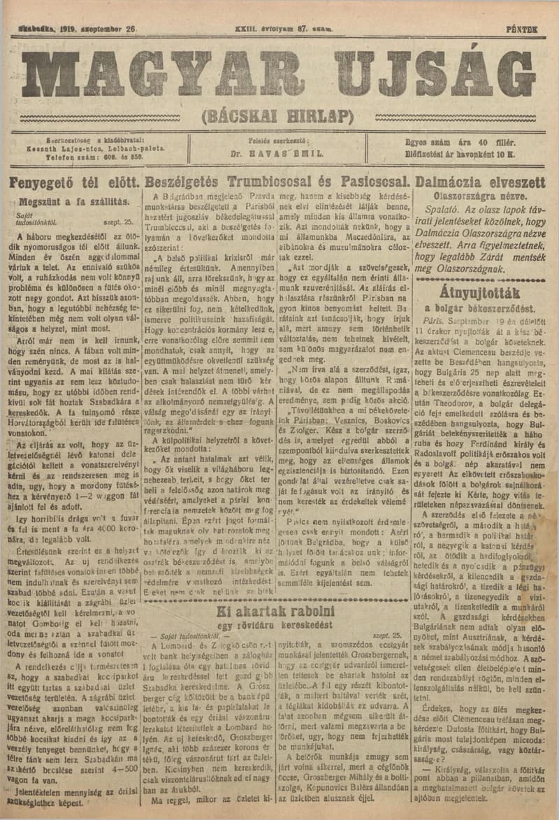 Bácskai Hirlap, 23. évf. 1919. szeptember 26. 87. sz.