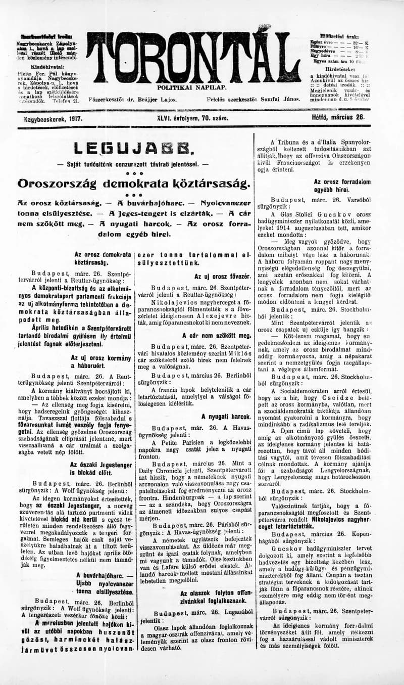 Torontál, 46. évf. 1917. március 26. 70. sz.