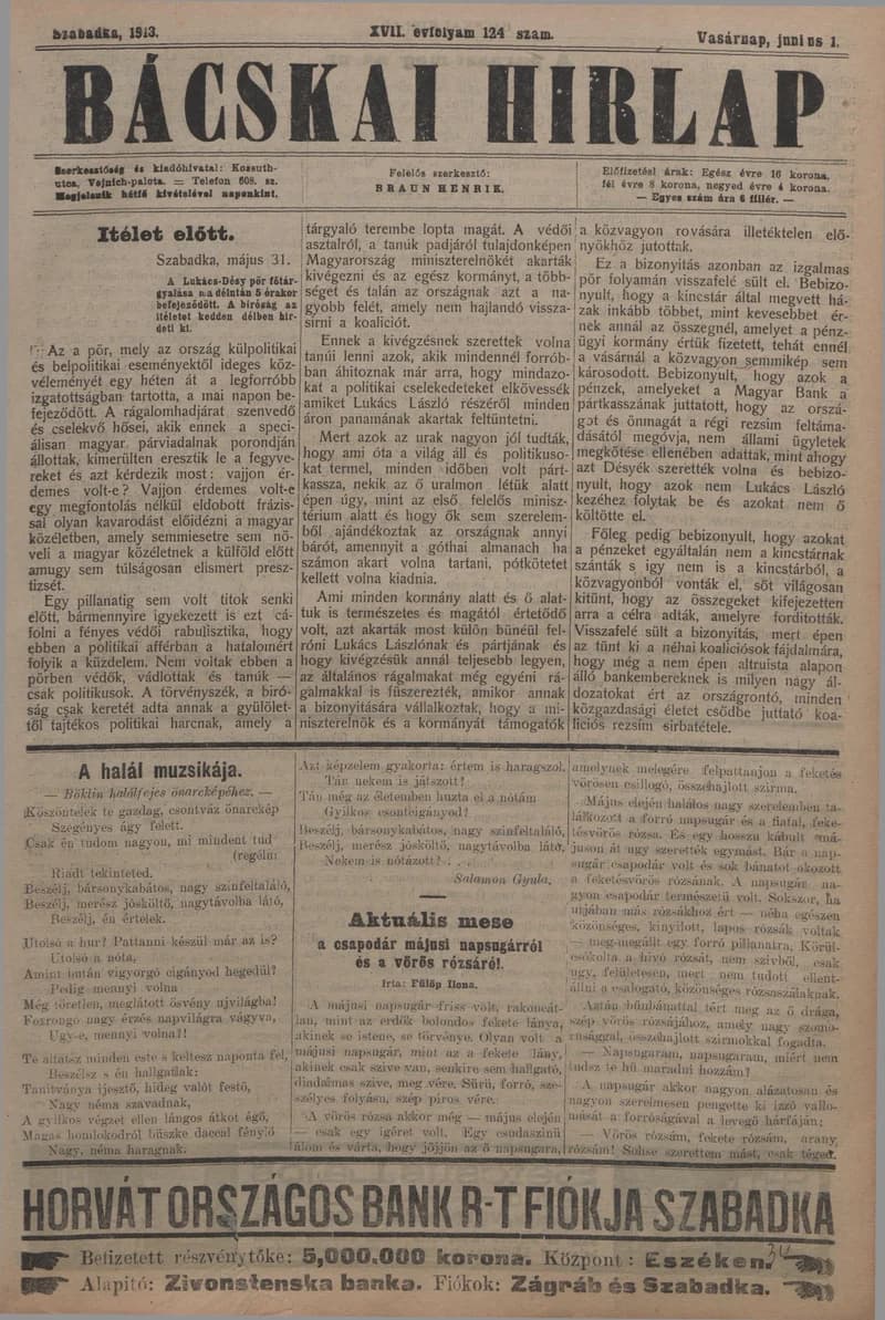 Bácskai Hirlap, 17. évf. 1913. június 1. 124. sz.