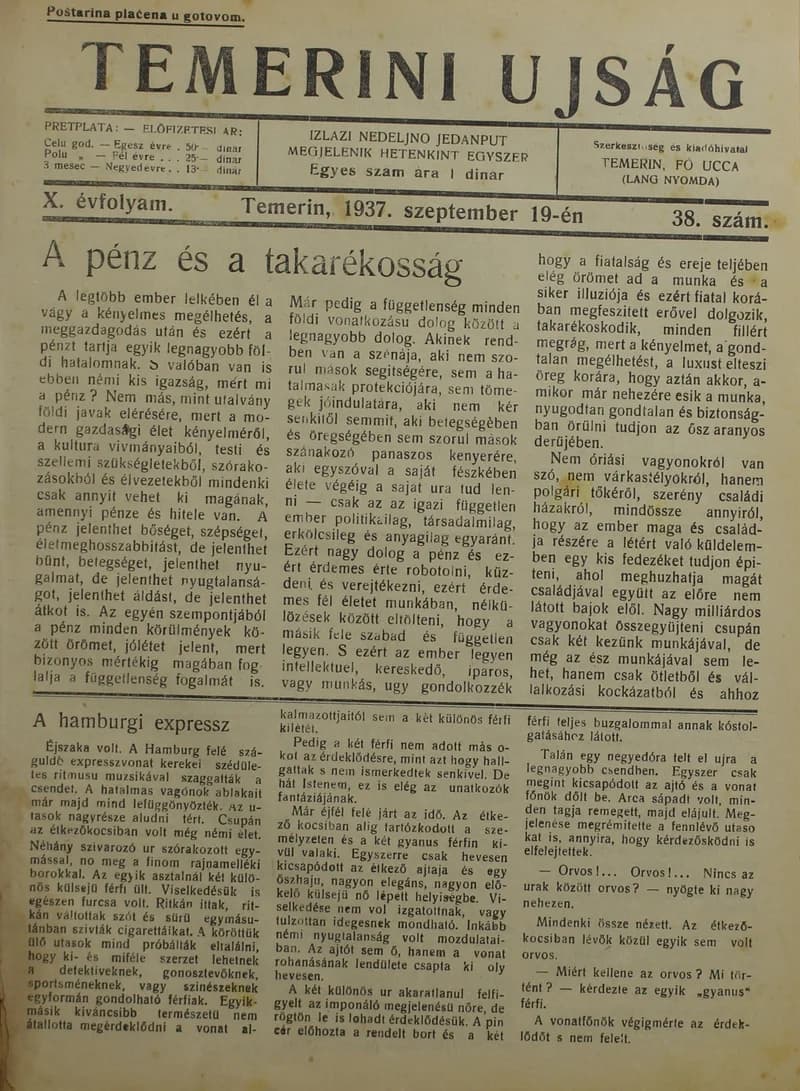 Temerini Újság 1928-1944, 10. évf. 1937. szeptember 19. 38. sz.