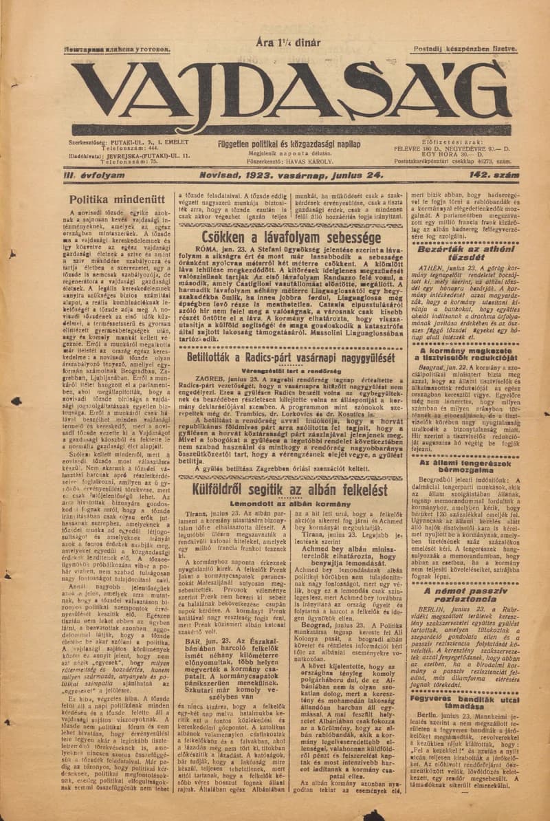 Vajdaság, 3. évf. 1923. június 24. 142. sz.