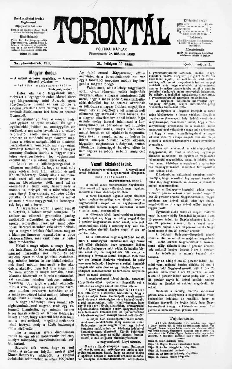 Torontál, 40. évf. 1911. május 2. 99. sz.