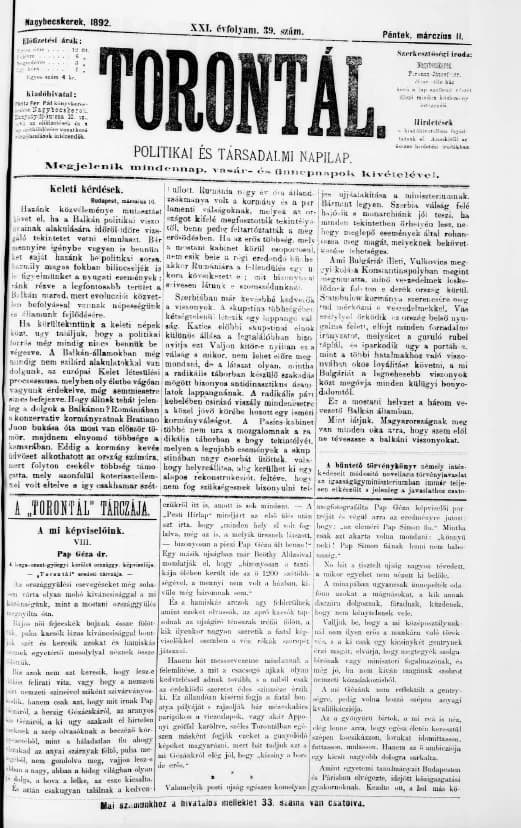 Torontál, 21. évf. 1892. március 11. 39. sz.