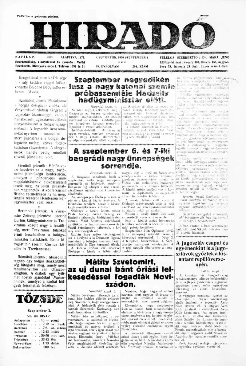 Híradó, 59. évf. 1930. szeptember 4. 204. sz.