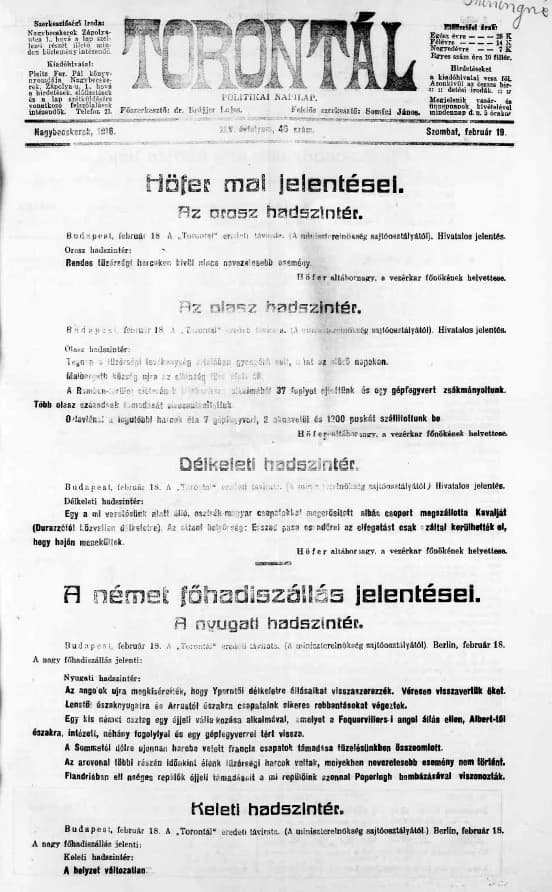 Torontál, 45. évf. 1916. február 19. 40. sz.