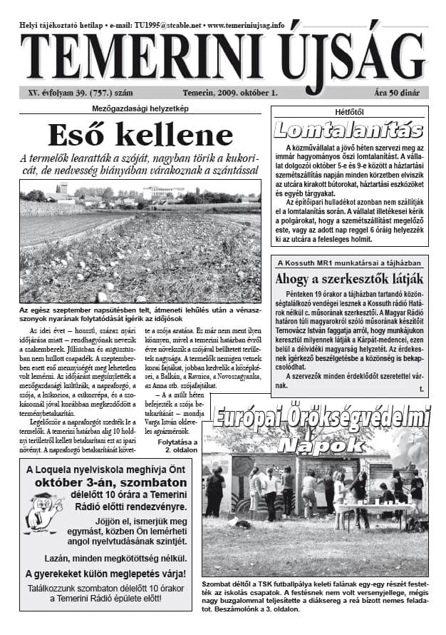 Temerini Újság, 15. évf. 2009. október 1. 39. sz.