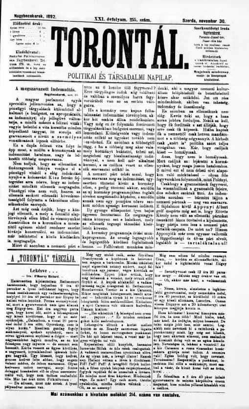 Torontál, 21. évf. 1892. november 30. 255. sz.