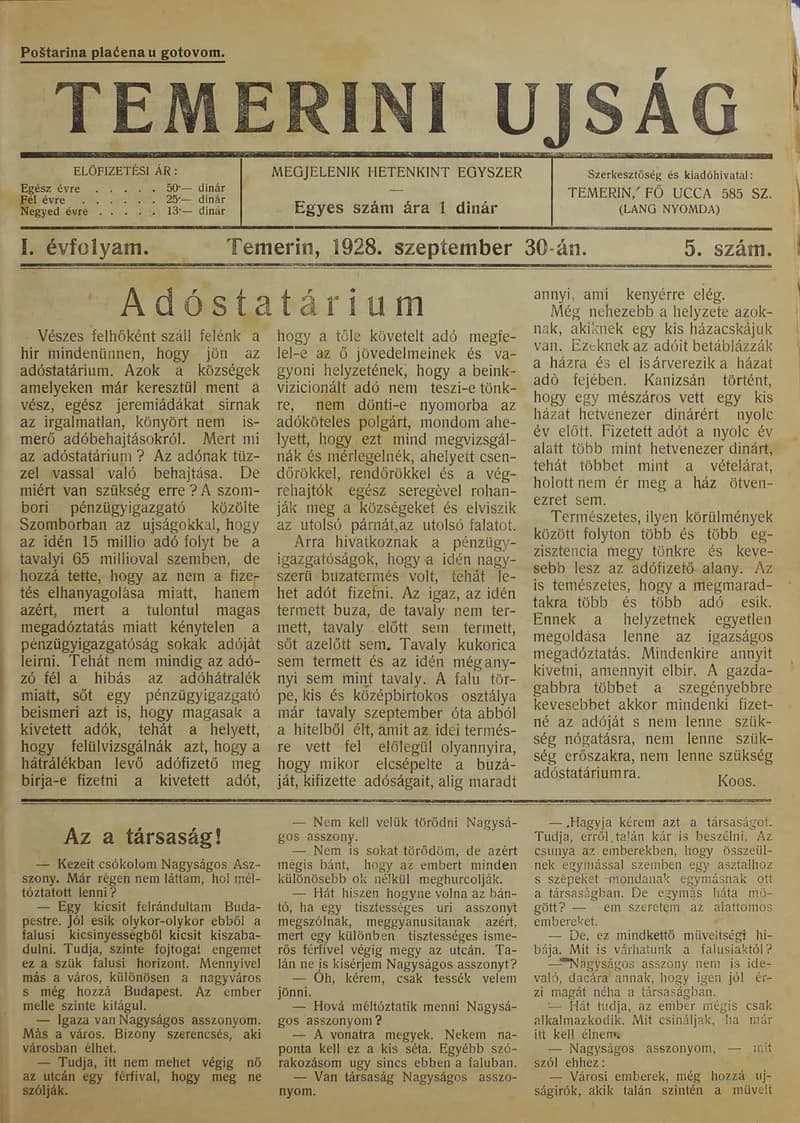 Temerini Újság 1928-1944, 1. évf. 1928. szeptember 30. 5. sz.