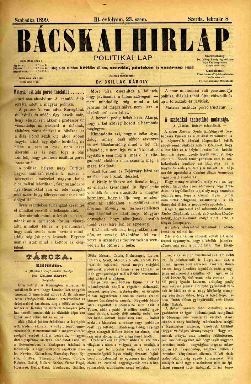 Bácskai Hirlap, 3. évf. 1899. február 8. 23. sz.