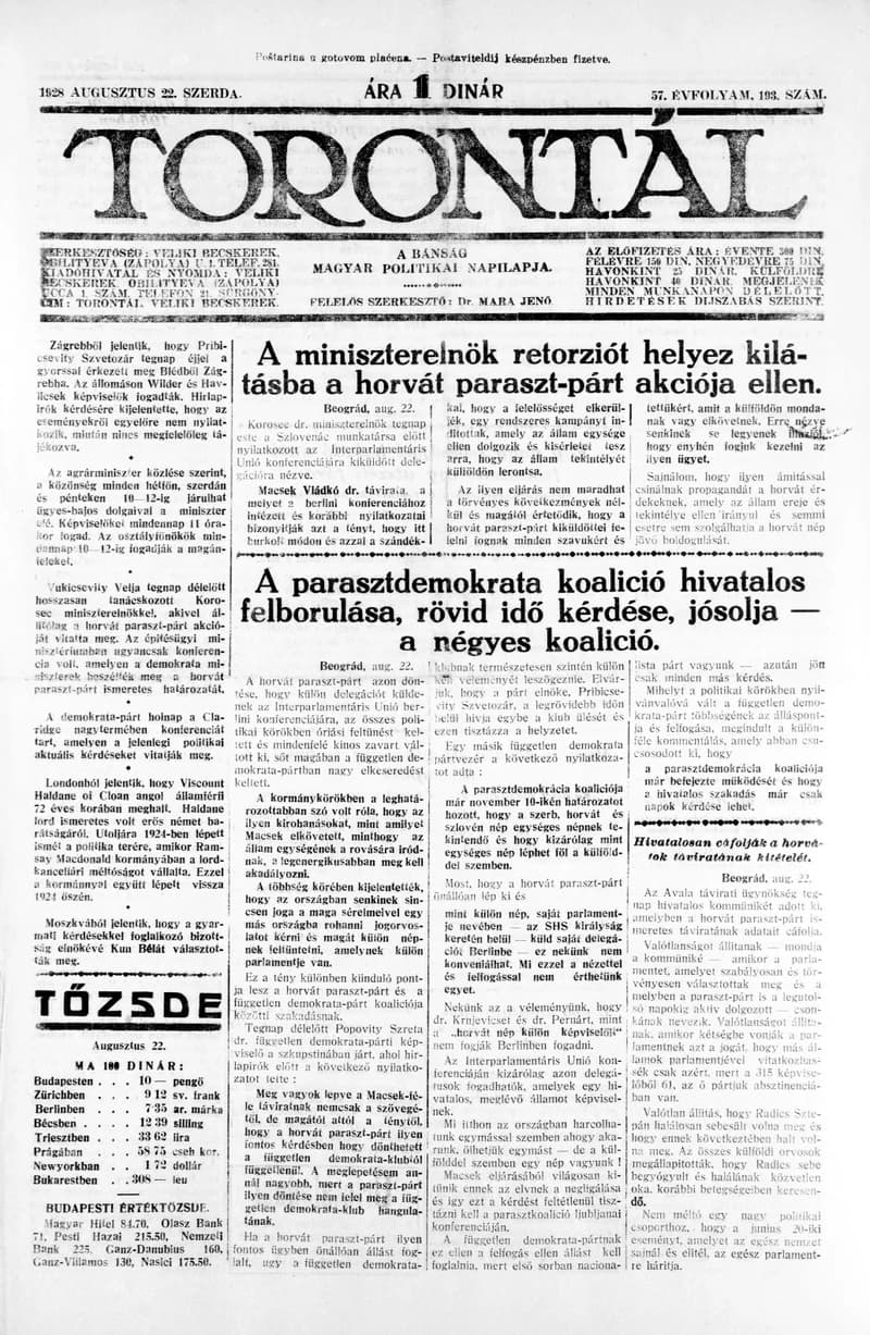 Torontál, 57. évf. 1928. augusztus 22. 193. sz.