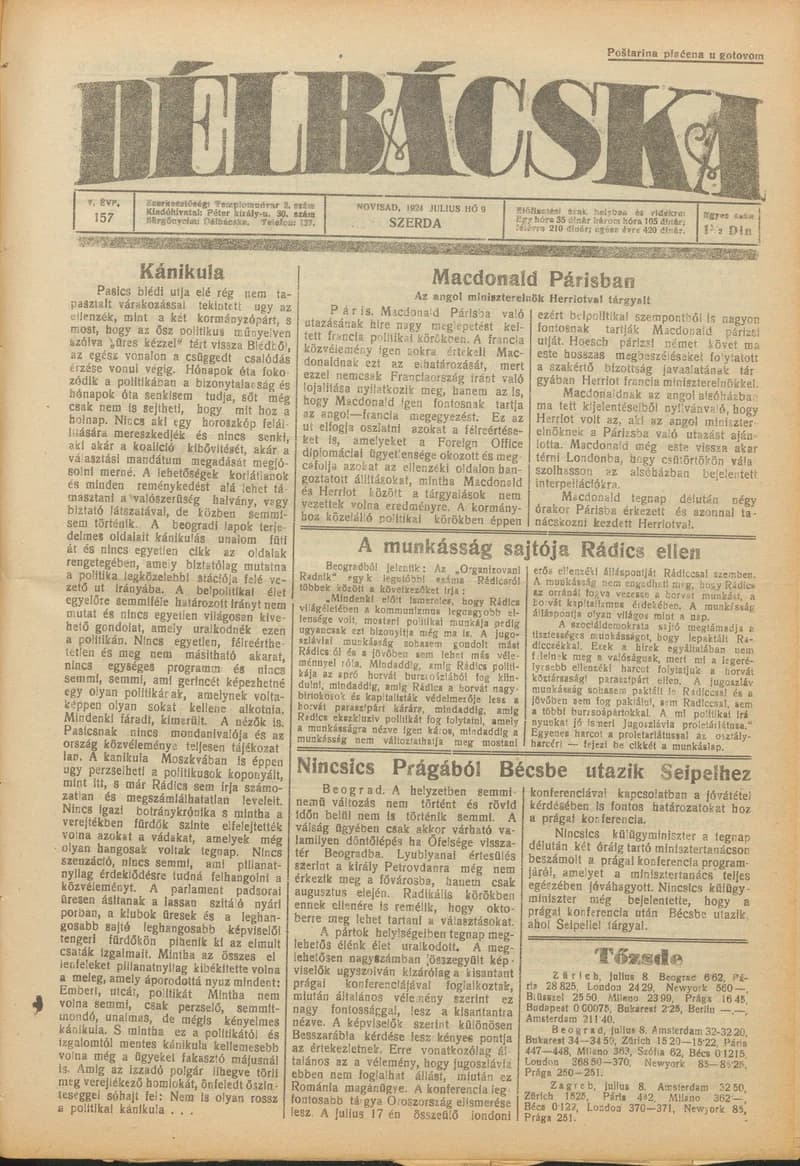 Délbácska, 5. évf. 1924. július 9. 157. sz.