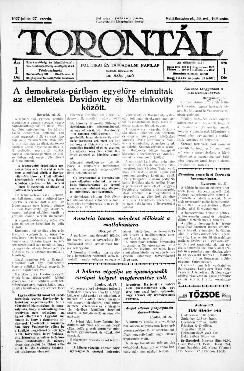 Torontál, 56. évf. 1927. július 27. 169. sz.